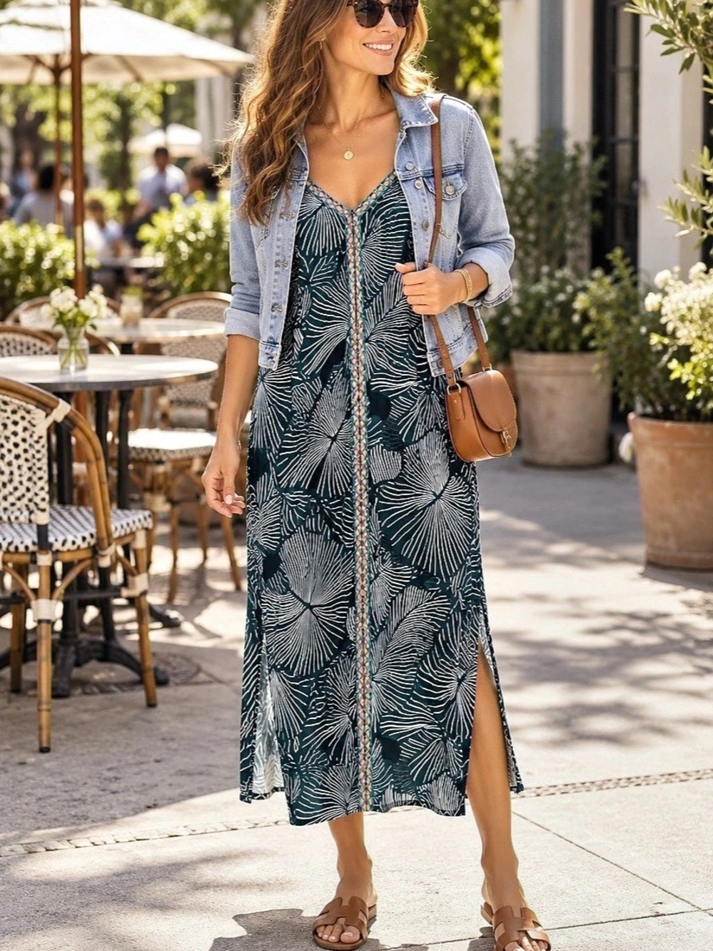 America & Beyond Leaf Print Maxi Dress in Blue & White